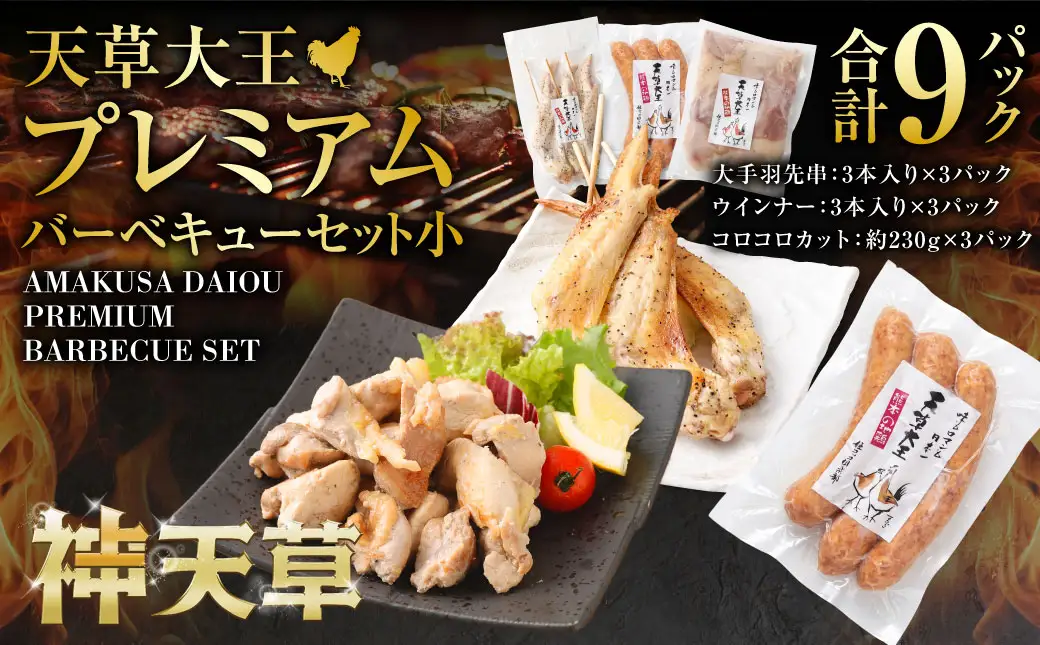 天草大王プレミアムバーベキューセット（小） 計9パック 天草大王 焼鳥 手羽先 串 ウインナー コロコロカット