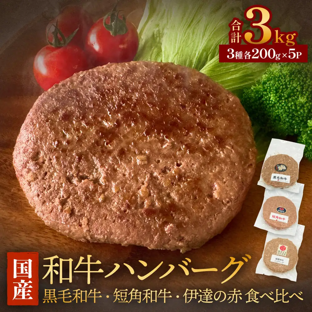 黒毛和牛 三陸金華和牛 南部の赤牛 伊達の赤 和牛ハンバーグ 3種各200g×5 食べ比べ セット 赤身 国産 美味しい 使いやすい 肉 お肉 おかず 冷凍 ハンバーグ