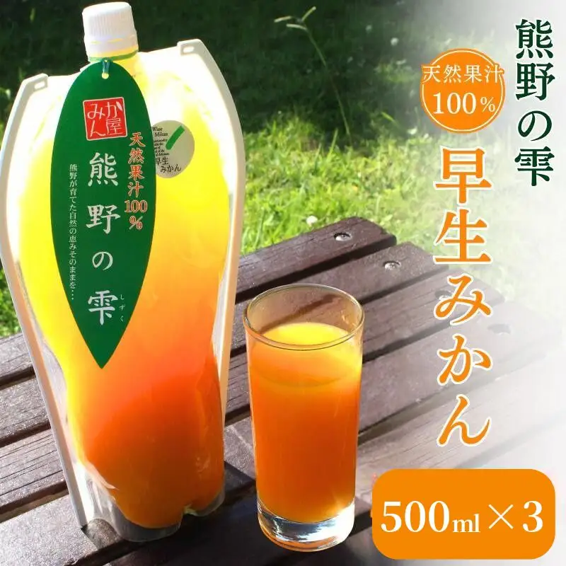 天然果汁100％ みかんジュース 熊野の雫【温州みかん（早生）】500ml× 3 / ミカンジュース 早生みかん 温州 生搾り 果汁100％ ストレート パウチ入 柑橘 和歌山県 田辺市【hso004】