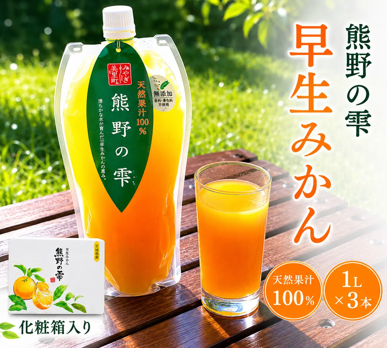 【化粧箱入り】天然果汁100％ みかんジュース 熊野の雫【温州みかん（早生）】1L×3 / ミカンジュース 早生みかん 温州 生搾り 果汁100％ ストレート パウチ入 柑橘 和歌山県 田辺市【hso017】