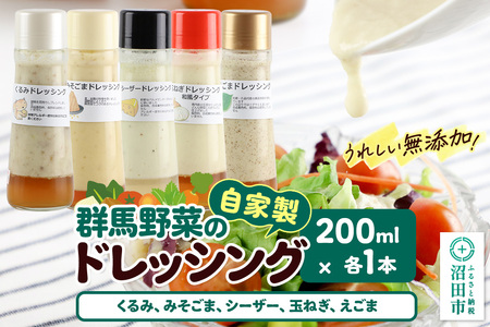 自家製・群馬産野菜で手作りドレッシング（くるみ、みそごま、シーザー、玉ねぎ、えごま）200ml×各1本 泙川食品