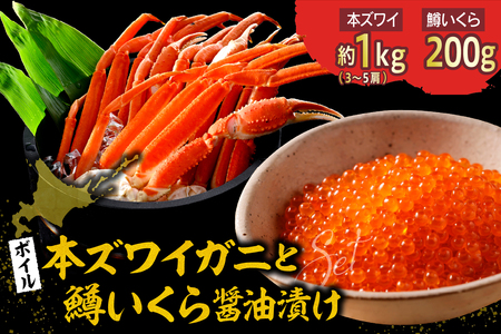 本ズワイガニ 3肩～5肩（約1kg）と北海道産鱒いくら醤油漬け200g【er018-029】ずわいがに いくら ずわい蟹 イクラ ズワイガニ いくら?油漬け ずわい ますいくら 蟹 カニ 魚卵 魚介類 魚介 海鮮 海の幸 海産物 産地直送 北海道 えりも町