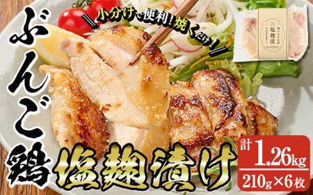 大分県産 ぶんご鶏の自家製塩麹漬け(計1.26kg・210g×6枚)国産 鶏肉 ステーキ タンパク質 簡単 調理 冷凍 大分県 佐伯市【AN109】【ぶんご銘醸 (株)】