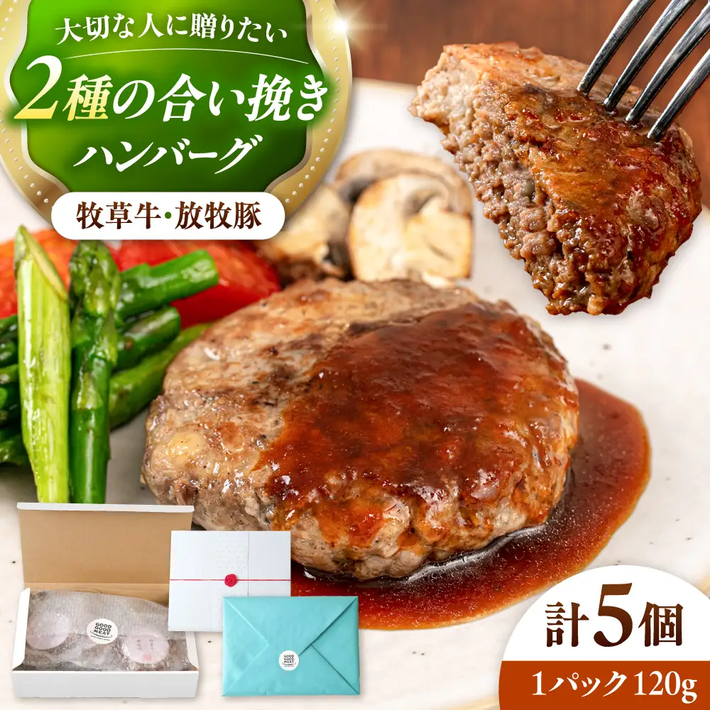 【牧草牛×放牧豚】ハンバーグ 5個 卵不使用 合い挽き 冷凍 小分け 北海道 [AXBP006]