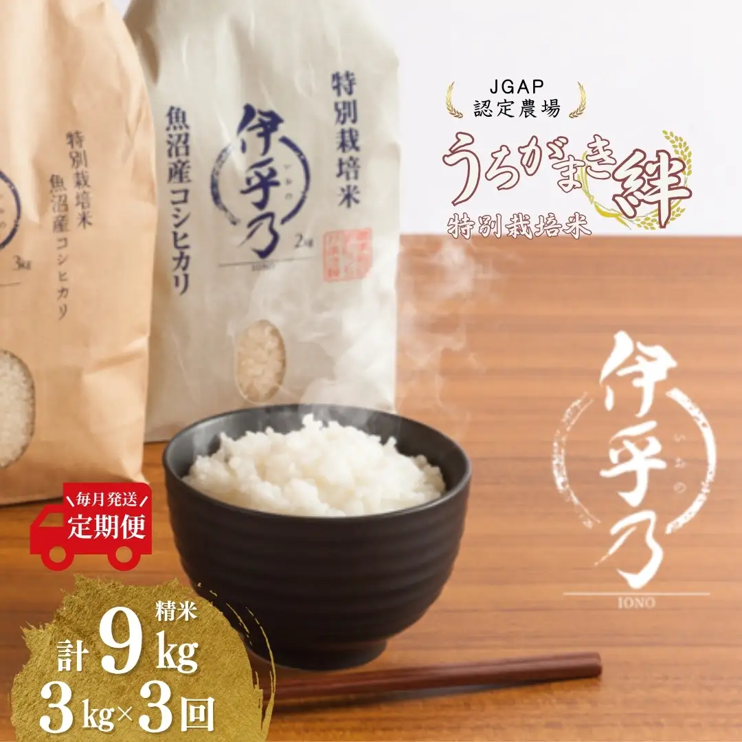 魚沼産コシヒカリ 特別栽培「伊乎乃」 3kg×3か月連続お届けうちがまき絆 | 9キロ 新潟県 魚沼 米