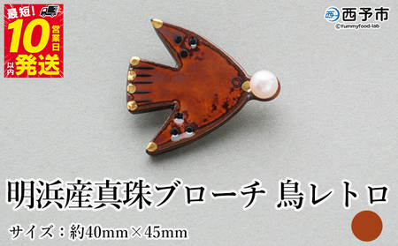 保証書付＜明浜産 真珠ブローチ 鳥レトロ（アメ色）＞ 8.0～8.5mm 純国産 高品質 アコヤ真珠 宇和海 パール アクセサリー 陶器 ファッション レディース 小物 女性 誕生日 記念日 佐藤真珠 cosmic 愛媛県 西予市【常温】『最短10営業日以内に順次発送予定』ASS0040