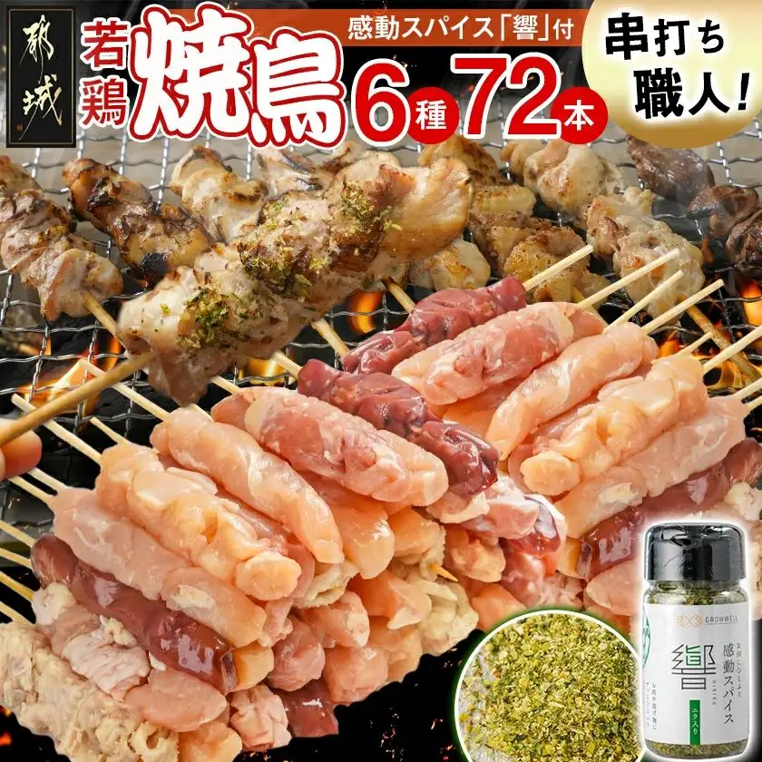 串打ち職人の若鶏焼鳥6種盛(72本)&感動スパイス響!付き〔18-1401〕_(都城市) 焼鳥串 生冷凍串 冷凍生肉 モモ ムネ ささみ 鶏皮 肩肉 鶏レバー 6種 72本入り BBQ スパイス