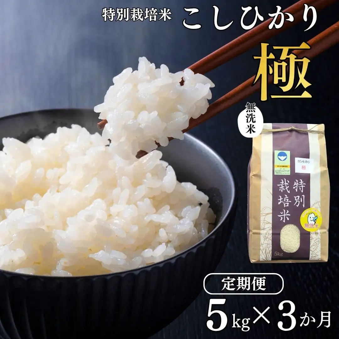 [定期便 5kg×3ヶ月] 県認証 特別栽培米 コシヒカリ 「極」 合計15kg 無洗米 令和8年産米 一等米 こしひかり 新潟県認証 白米