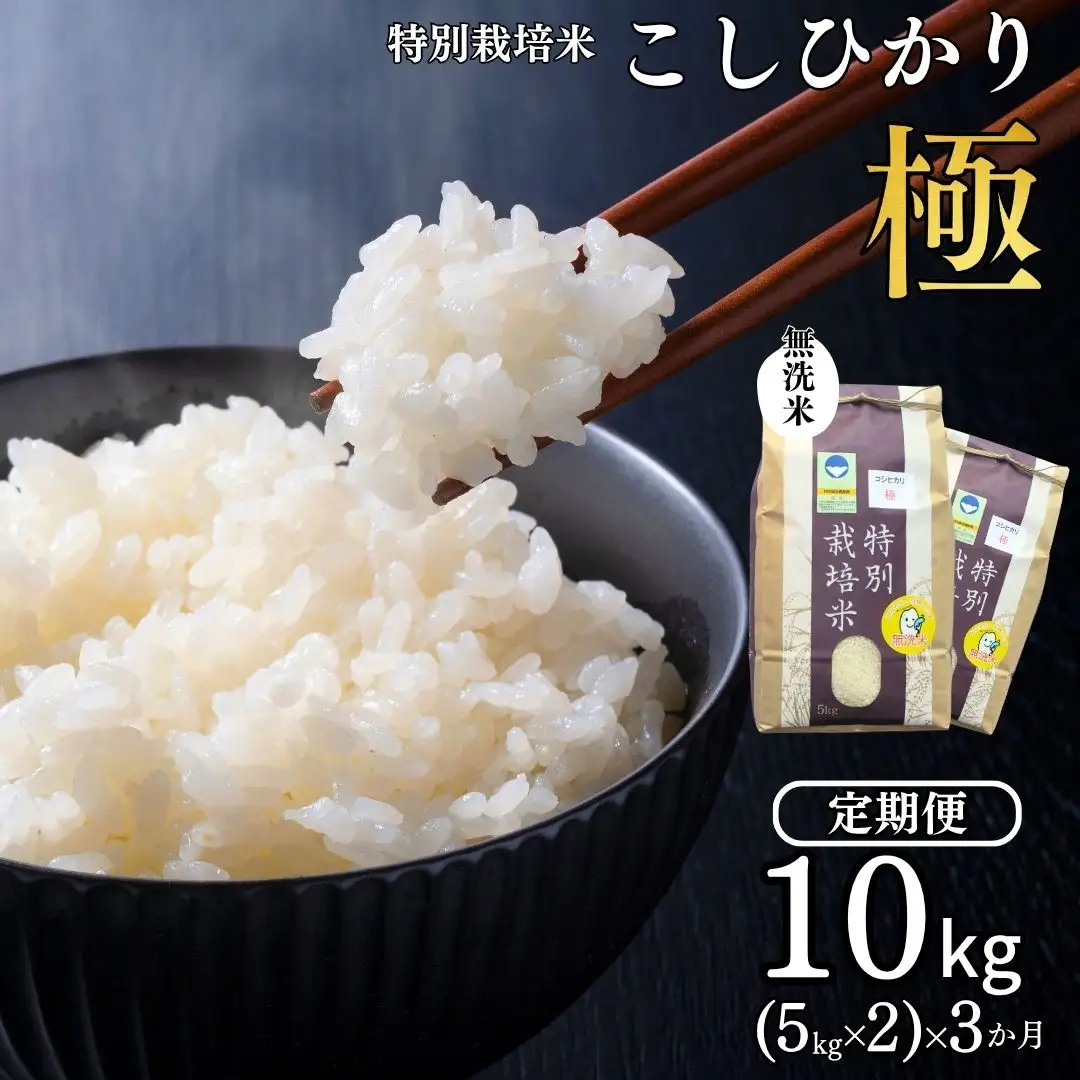 [定期便 10kg(5kg×2)×3ヶ月] 県認証 特別栽培米 コシヒカリ 「極」 合計30kg 無洗米 令和8年産米 一等米 こしひかり 新潟県認証 白米