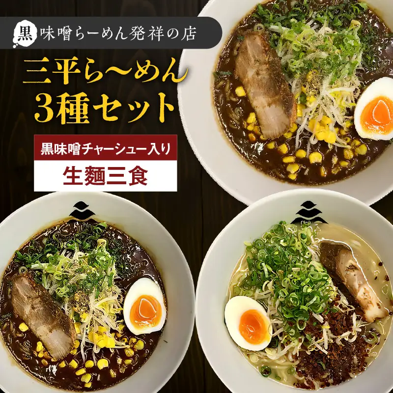 【 冷凍配送 】 三平ら～めん 3種 セット（ 生麺 三食 / 黒味噌チャーシュー入り ） K029-002 冷凍