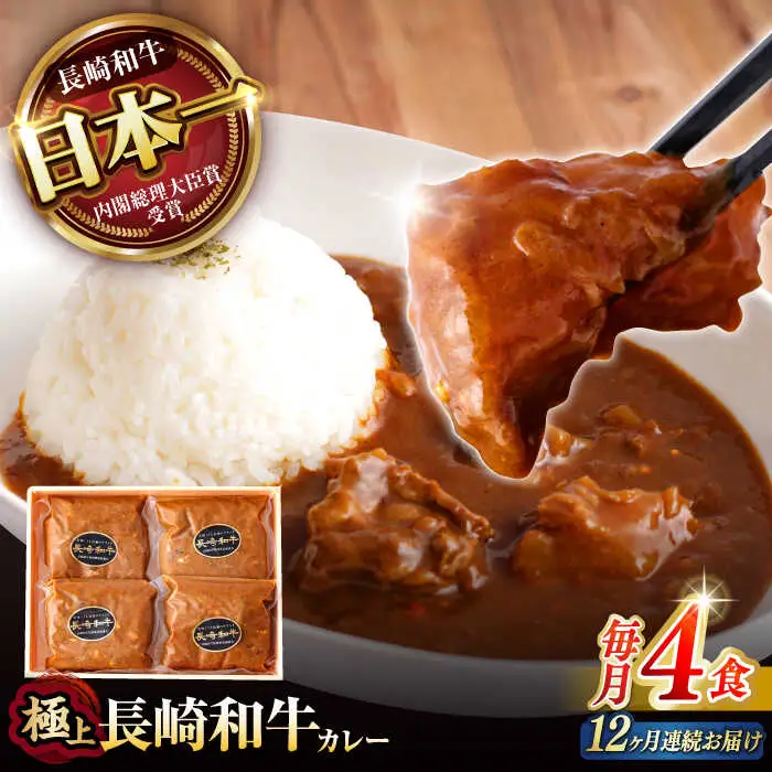 【12回定期便】【肉のプロが贈る 究極のカレー】長崎和牛 A5 カレー 約240g×4袋 / カレーライス かれー レトルト 牛 和牛 / 諫早市 / 野中精肉店 [AHCW100]