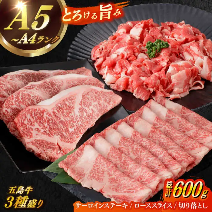 五島牛3種盛り サーロインステーキ ローススライス 切り落とし 計600g[RBP070] 五島牛 サーロイン ロース 五島牛 サーロイン ロース 五島牛 サーロイン ロース九州 長崎