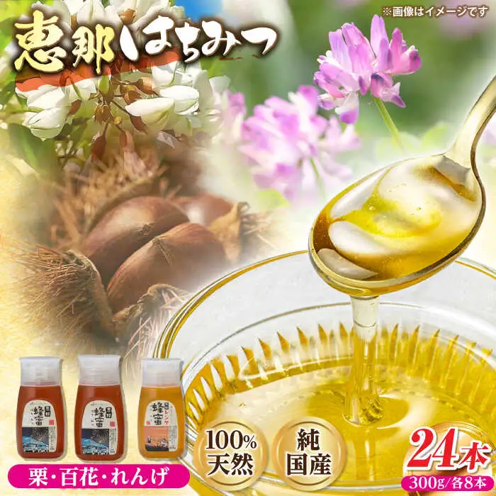 恵那蜂蜜 24本セット (蓮華蜂蜜300g×8本、百花蜂蜜300g×8本、栗蜂蜜300g×8本) / 恵那市 / はち工房こうけつ [AUDF046]