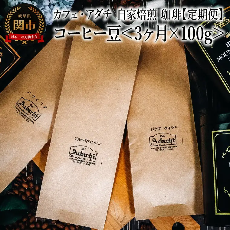 【定期便】 コーヒー豆  ＜１００g×３ヶ月＞ パナマゲイシャ ブルーマウンテン ハワイコナ １００g （約10杯分）×３回 毎月異なるコーヒー豆をお届け ～ カフェ・アダチ 自家焙煎 珈琲 粉にもできます