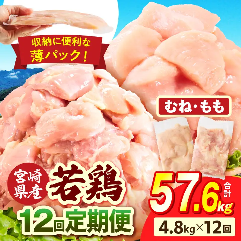 宮崎県産 若鶏切身 むね肉＆もも肉 4.8kg（各300g×8袋）【12か月定期便】 肉 お肉 精肉 鶏肉 鶏 鳥 とり とりにく 若鶏 若鳥 もも むね ムネ肉 モモ肉 切身 カット済み 小分け パック 便利 からあげ お弁当 おかず 宮崎県産 宮崎産 国産 冷凍 定期便 おすそ分け_b0793_it_x2
