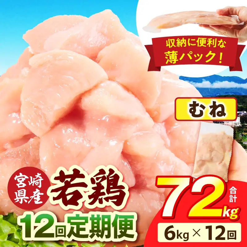 宮崎県産 若鶏切身 むね肉 6kg（300g×20袋）【12か月定期便】 肉 お肉 精肉 鶏肉 鶏 鳥 とり とりにく 若鶏 若鳥 むね ムネ肉 切身 カット済み 小分け パック 便利 からあげ お弁当 おかず 宮崎県産 宮崎産 国産 冷凍 定期便 おすそ分け _b0803_it_x2