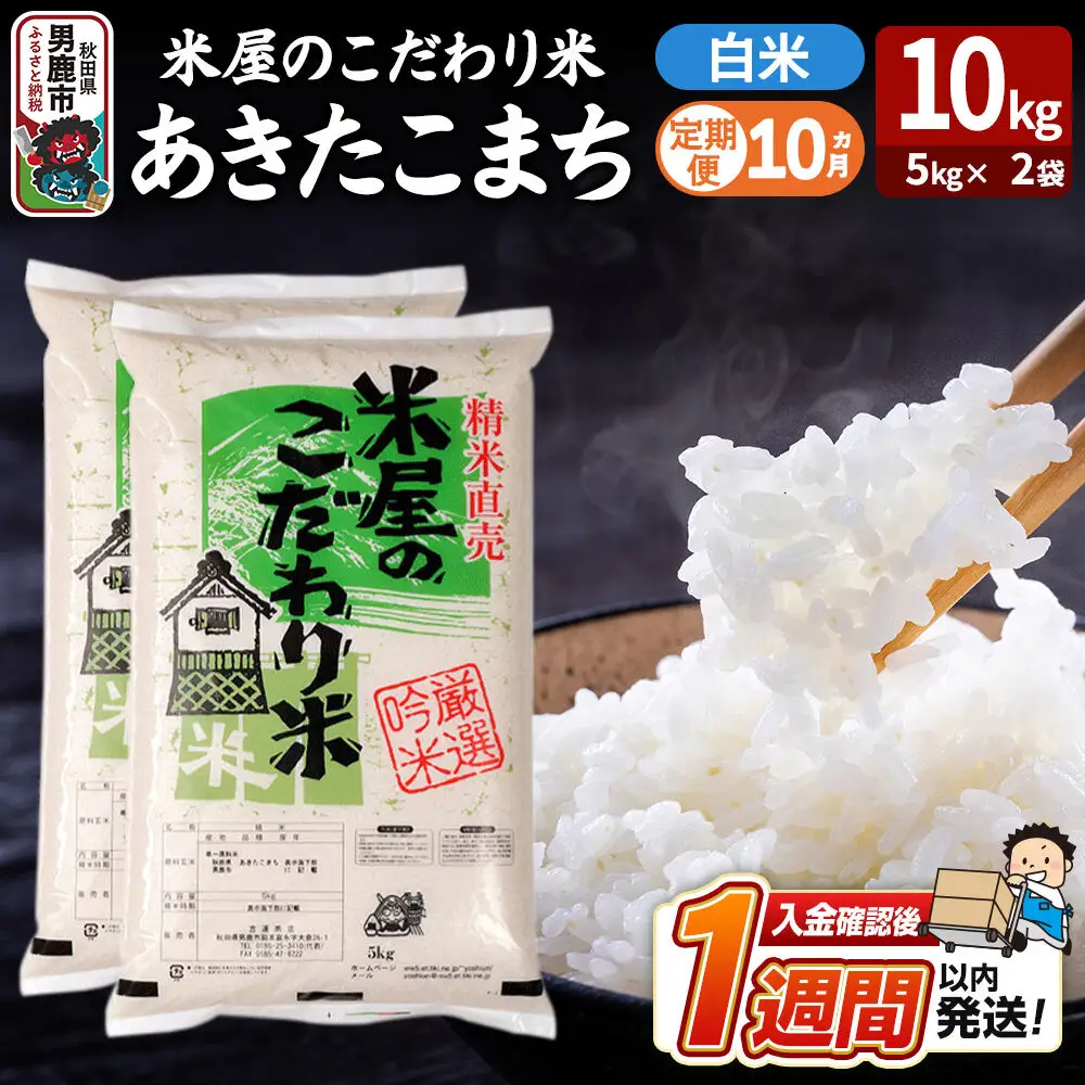 令和8年産新米《定期便10ヶ月》『米屋のこだわり米』あきたこまち 白米 10kg（5kg×2袋） 吉運商店 秋田県 男鹿市 精米 お米 お弁当 おにぎり