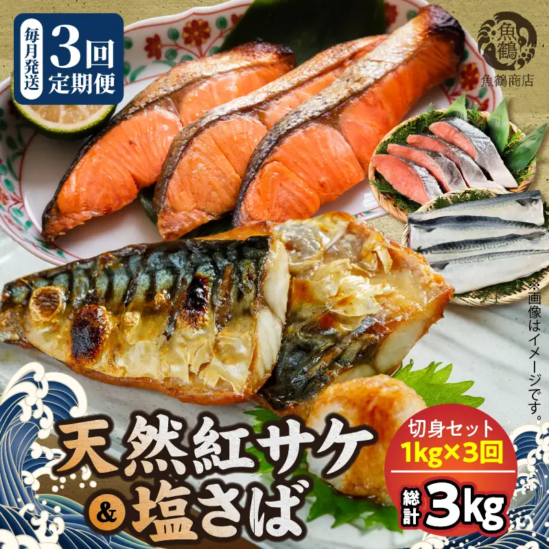 【定期便　全3回】人気の2種塩さば＆紅鮭切り身セット計3kg (1kg × 3回)_G60-T53