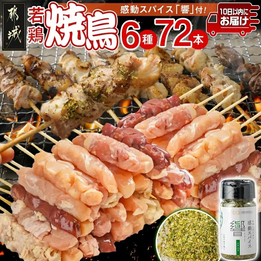串打ち職人の若鶏焼鳥6種盛(72本)&感動スパイス響!付き≪みやこんじょ特急便≫〔18-1401-Q〕_(都城市) 焼鳥串 生冷凍串 冷凍生肉 モモ ムネ ささみ 鶏皮 肩肉 鶏レバー 6種 72本入り BBQ スパイス