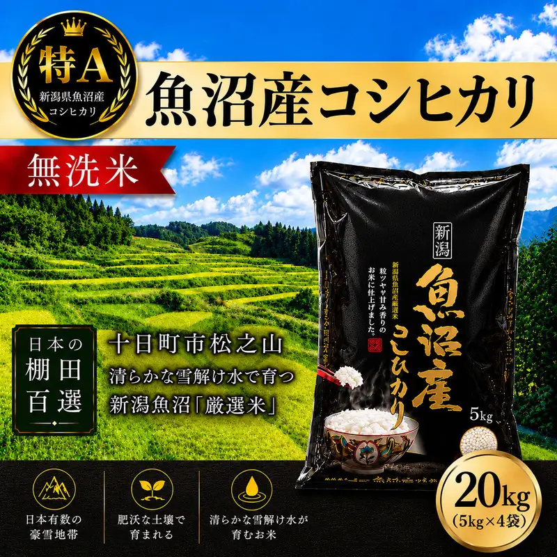 【令和7年産】【食味鑑定士厳選】日本棚田百選のお米 無洗米 天空の里 魚沼産 こしひかり 20kg(5kg×4)