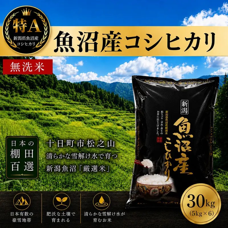 【令和7年産】【食味鑑定士厳選】日本棚田百選のお米 無洗米 天空の里 魚沼産 こしひかり 30kg(5kg×6)