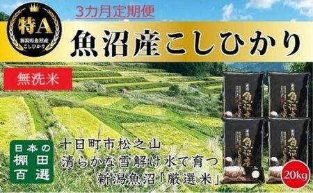 【令和7年産】 【食味鑑定士厳選】無洗米 3カ月 定期便 日本棚田百選のお米 天空の里 魚沼産 こしひかり 20kg(5kg×4)×3回 米 お米 コメ