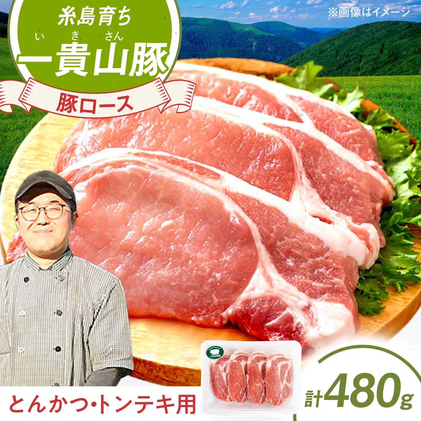 一貴山豚 ロースとんかつ・トンテキ用 計480g(120g×4枚) 糸島市 / いきさん牧場 豚肉 冷凍 [AGB030]