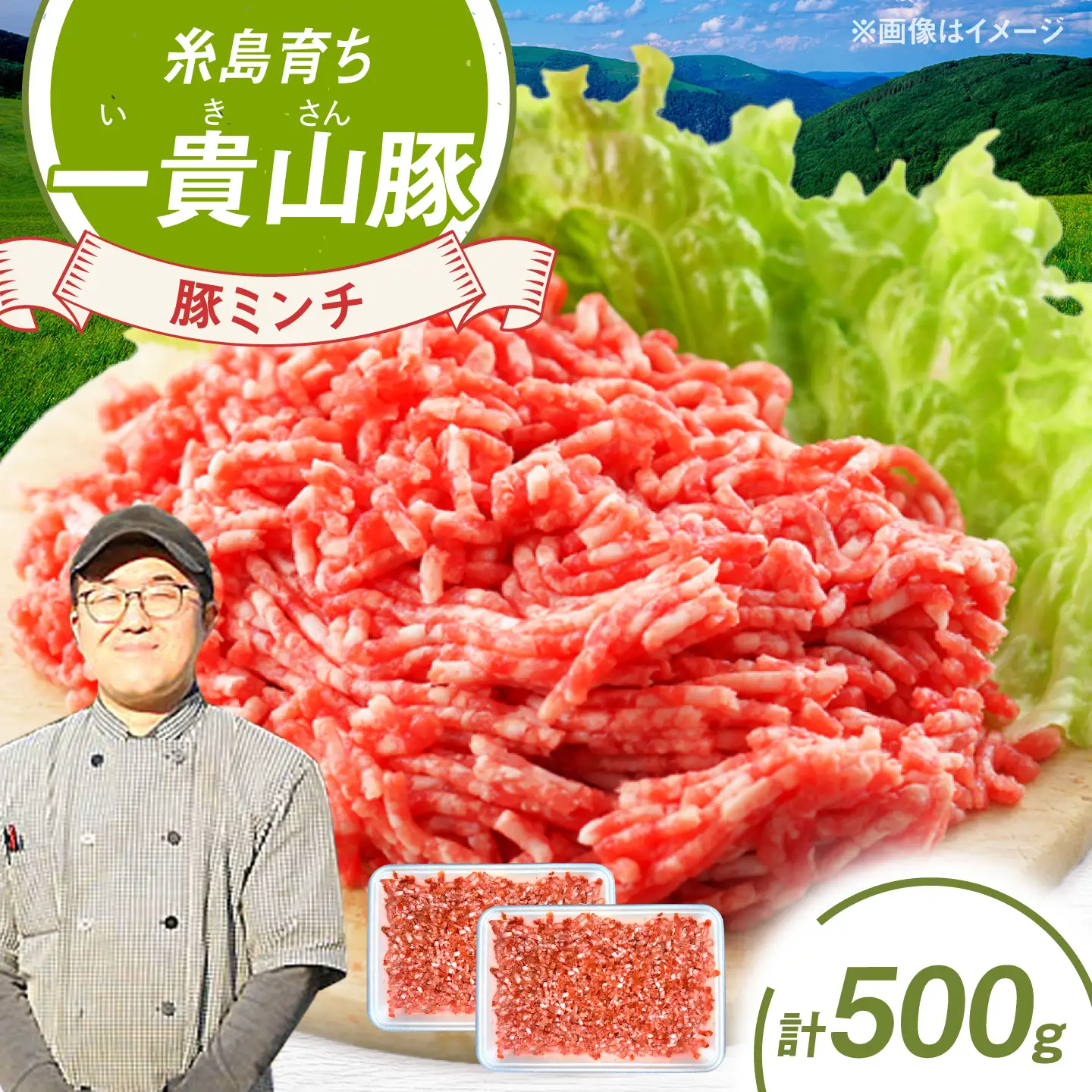 一貴山豚 ミンチ 計500g(250g×2p) 糸島市 / いきさん牧場 豚肉 冷凍 [AGB052]