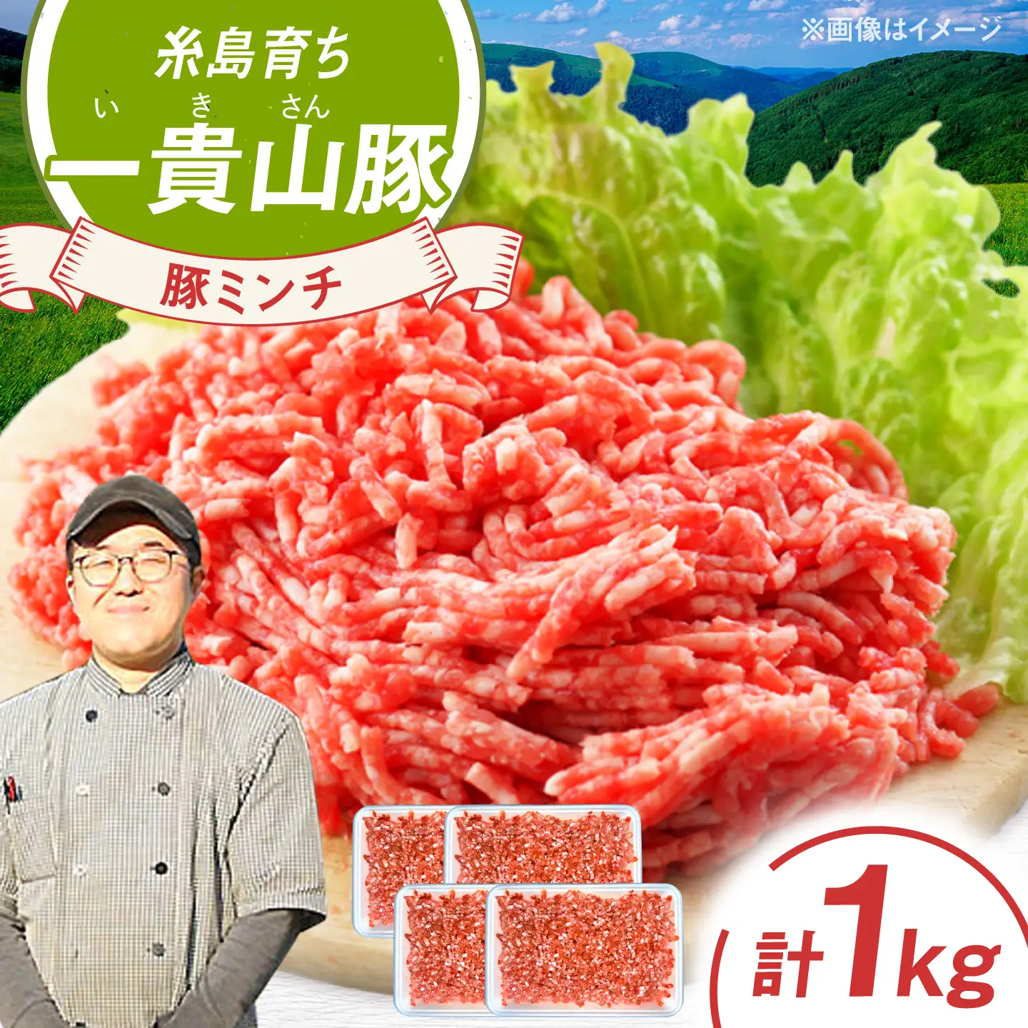 一貴山豚 ミンチ 計1kg(250g×4p) 糸島市 / いきさん牧場 豚肉 冷凍 [AGB053]