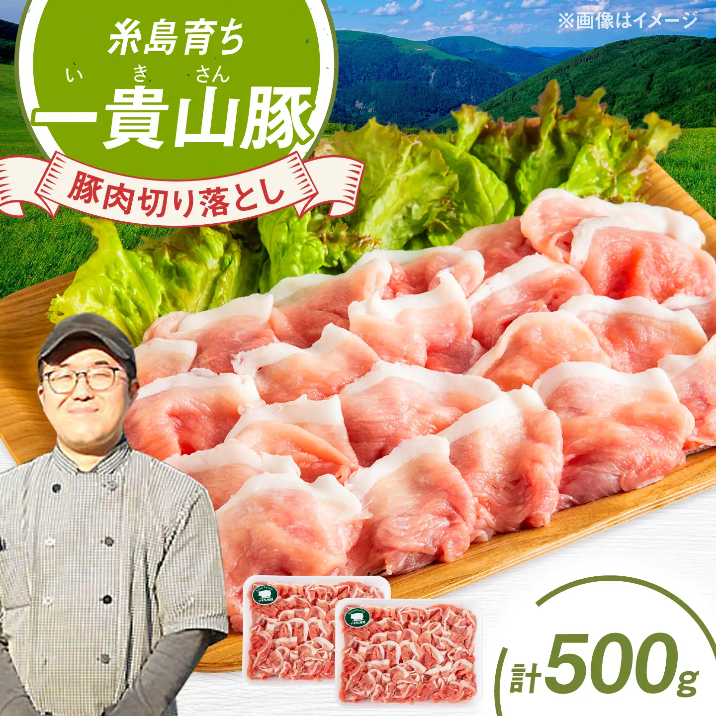 一貴山豚 切り落とし 計500g(250g×2p)  糸島市 / いきさん牧場 豚肉 冷凍 [AGB056]