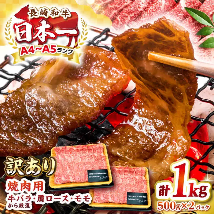 【訳あり】【A4〜A5ランク】長崎和牛 焼肉切り落とし 1kg（500g×2パック）(肩ロース・バラ） [JGH022]訳あり