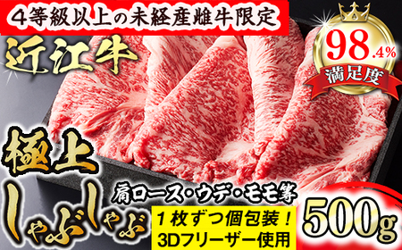 【森三商会】4等級以上 未経産雌牛限定 近江牛 極上 しゃぶしゃぶ 500g（肩ロース ウデ モモ等）【GM07W】 【 近江牛 】 牛肉