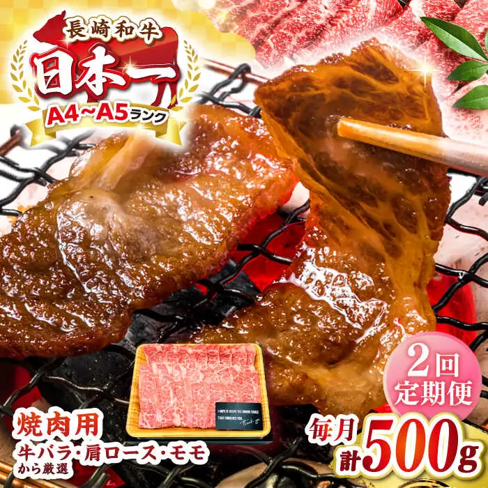 【全2回定期便】【A4～A5ランク】長崎和牛焼肉用　500g《壱岐市》【株式会社MEAT PLUS】肉 牛肉 黒毛和牛 焼き肉 焼肉 焼肉用 ギフト 贈答用 ご褒美 冷凍配送 A4 A5 [JGH107]