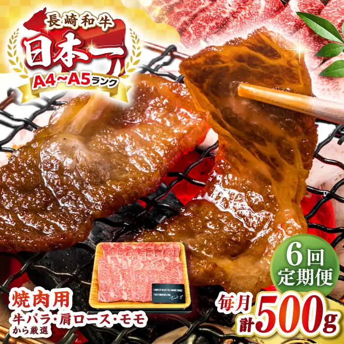 【全6回定期便】【A4～A5ランク】長崎和牛焼肉用　500g《壱岐市》【株式会社MEAT PLUS】肉 牛肉 黒毛和牛 焼き肉 焼肉 焼肉用 ギフト 贈答用 ご褒美 冷凍配送 A4 A5 [JGH109]
