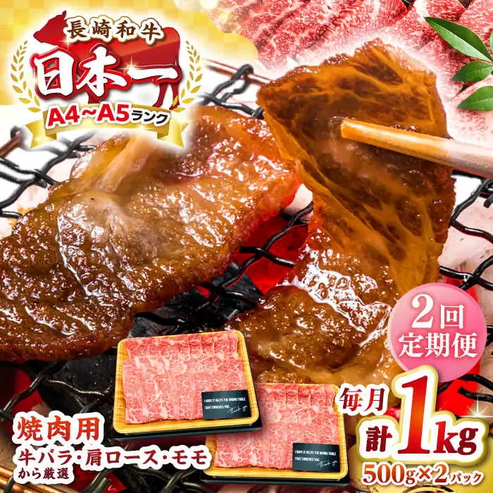 【全2回定期便】【A4～A5ランク】長崎和牛 焼肉用 1kg（500g×2パック）《壱岐市》【株式会社MEAT PLUS】肉 牛肉 黒毛和牛 焼き肉 焼肉 焼肉用 ギフト 贈答用 ご褒美 冷凍配送 A4 A5 [JGH111]