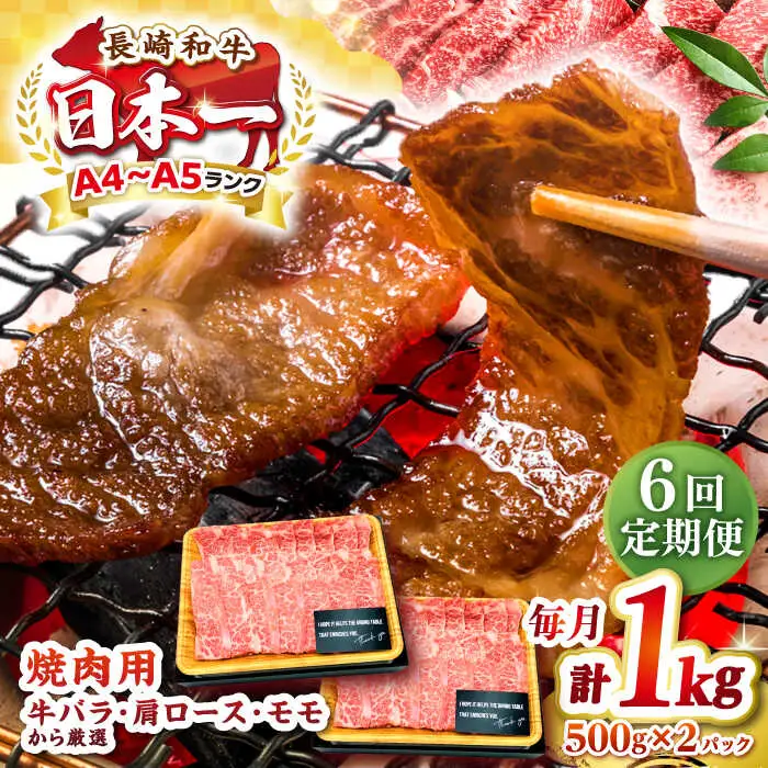 【全6回定期便】【A4～A5ランク】長崎和牛 焼肉用 1kg（500g×2パック）《壱岐市》【株式会社MEAT PLUS】肉 牛肉 黒毛和牛 焼き肉 焼肉 焼肉用 ギフト 贈答用 ご褒美 冷凍配送 A4 A5 [JGH113]