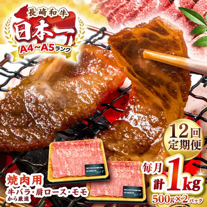 【全12回定期便】【A4～A5ランク】長崎和牛 焼肉用 1kg（500g×2パック）《壱岐市》【株式会社MEAT PLUS】肉 牛肉 黒毛和牛 焼き肉 焼肉 焼肉用 ギフト 贈答用 ご褒美 冷凍配送 A4 A5 [JGH114]