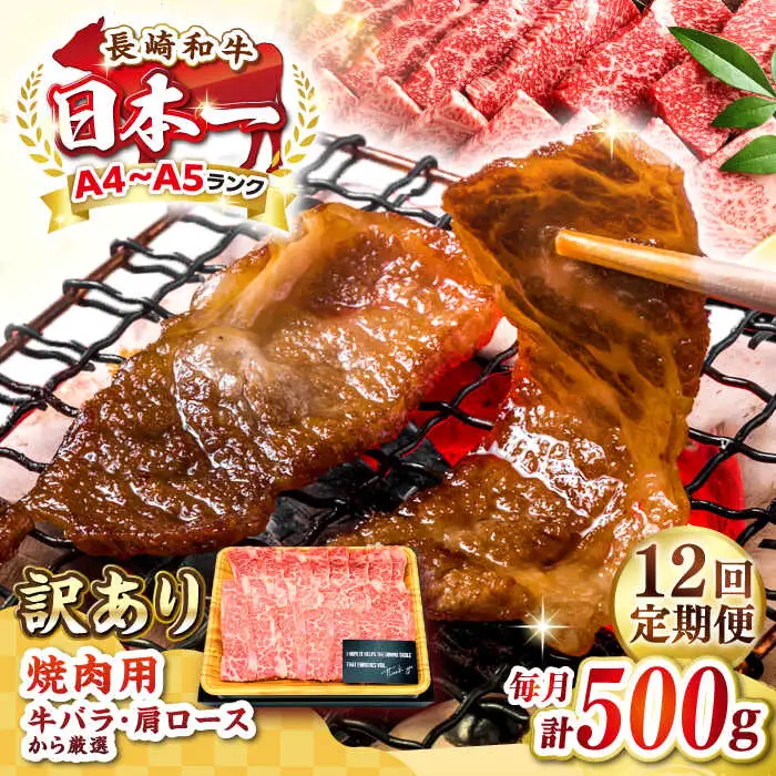 【全12回定期便】【訳あり】【A4～A5ランク】長崎和牛 焼肉切り落とし 500g (肩ロース・バラ）《壱岐市》【株式会社MEAT PLUS】 肉 牛肉 黒毛和牛 焼き肉 ご褒美 焼肉 焼肉用 ギフト 贈答用 ご褒美 冷凍配送 A4 A5 [JGH118]