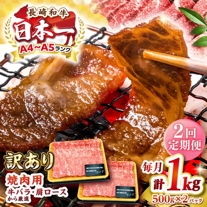 【全2回定期便】【訳あり】【A4～A5ランク】長崎和牛 焼肉切り落とし 1kg（500g×2パック）(肩ロース・バラ）《壱岐市》【株式会社MEAT PLUS】 肉 牛肉 黒毛和牛 焼き肉 焼肉 焼肉用 ギフト 贈答用 冷凍配送 A4 A5 [JGH119]