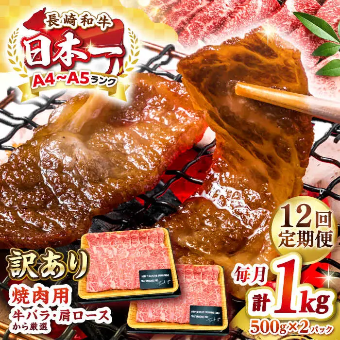 【全12回定期便】【訳あり】【A4～A5ランク】長崎和牛 焼肉切り落とし 1kg（500g×2パック）(肩ロース・バラ）《壱岐市》【株式会社MEAT PLUS】 肉 牛肉 黒毛和牛 焼き肉 焼肉 焼肉用 ギフト 贈答用 冷凍配送 A4 A5 [JGH122]