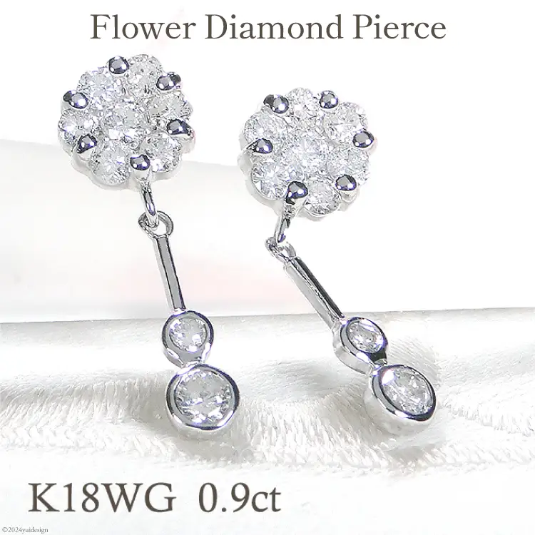 ピアス K18WG ホワイトゴールド ダイヤモンド 【0.9ct】フラワー 花 揺れるピアス 振り子 スタッドピアス 【f232-k18wg】
