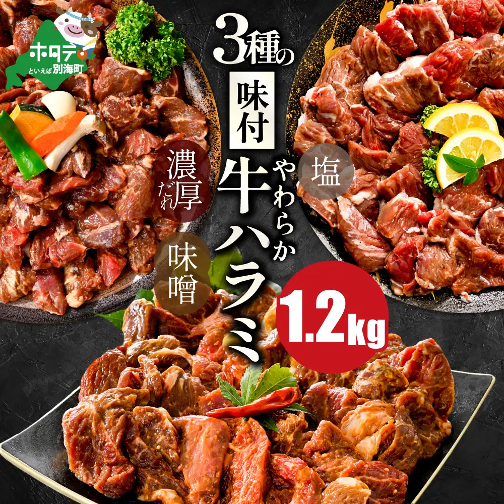 【ふるなび限定】北海道 別海町 3種 の 味付け 牛ハラミ 1.2kg( 塩・味噌・醤油)【NS0000KO0】