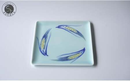 有田焼 麦おどる角皿 【晩香窯 庄健】食器 うつわ 器 シンプル 上品 絵付け 取り皿 ケーキ 手彫り 手作り fv001