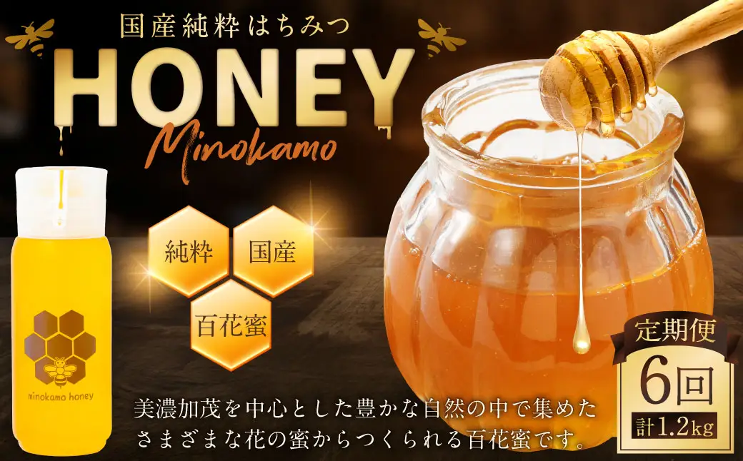 【6ヶ月定期便】国産 無添加 純粋 100％天然 はちみつ MINOKAMO HONEY 1本 （ 200g ）×6回