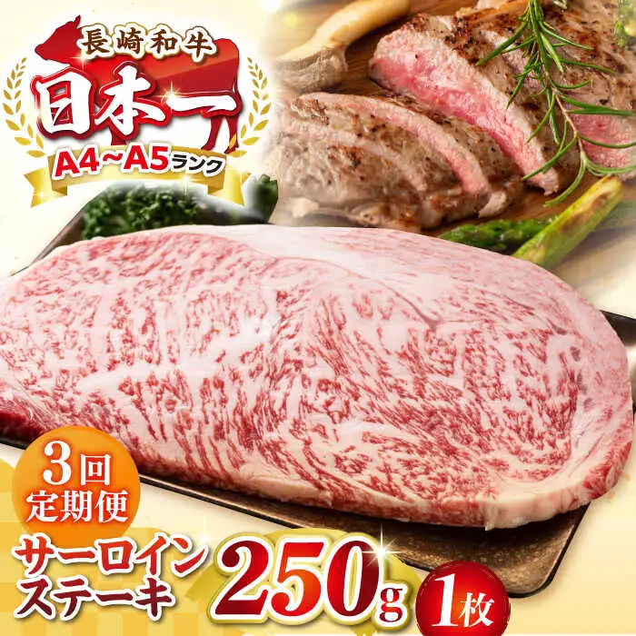 【全3回定期便】【A4～A5ランク】長崎和牛 サーロインステーキ 250g（250g×1枚）《壱岐市》【株式会社MEAT PLUS】 肉 牛肉 黒毛和牛 サーロイン ステーキ ご褒美 ギフト 贈答用 ご褒美 冷凍配送 A4 A5 [JGH124]