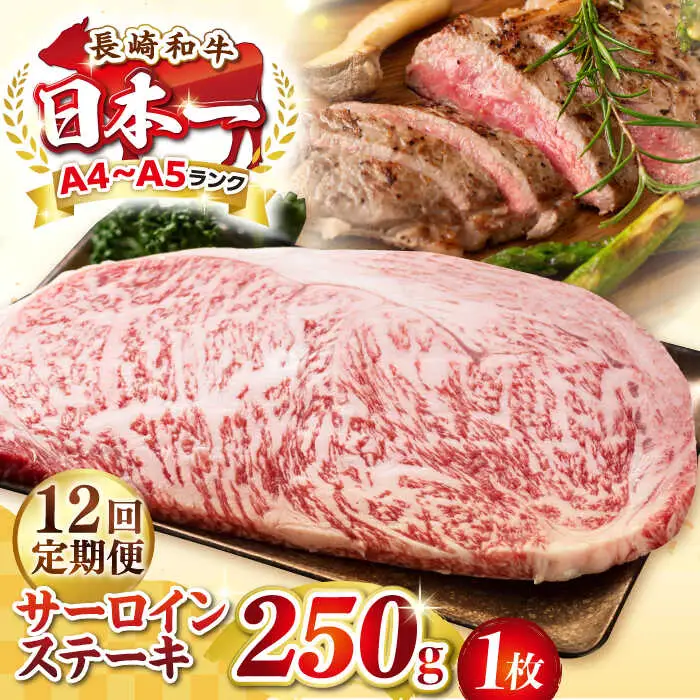 【全12回定期便】【A4～A5ランク】長崎和牛 サーロインステーキ 250g（250g×1枚）《壱岐市》【株式会社MEAT PLUS】 肉 牛肉 黒毛和牛 サーロイン ステーキ ご褒美 ギフト 贈答用 ご褒美 冷凍配送 A4 A5 [JGH126]