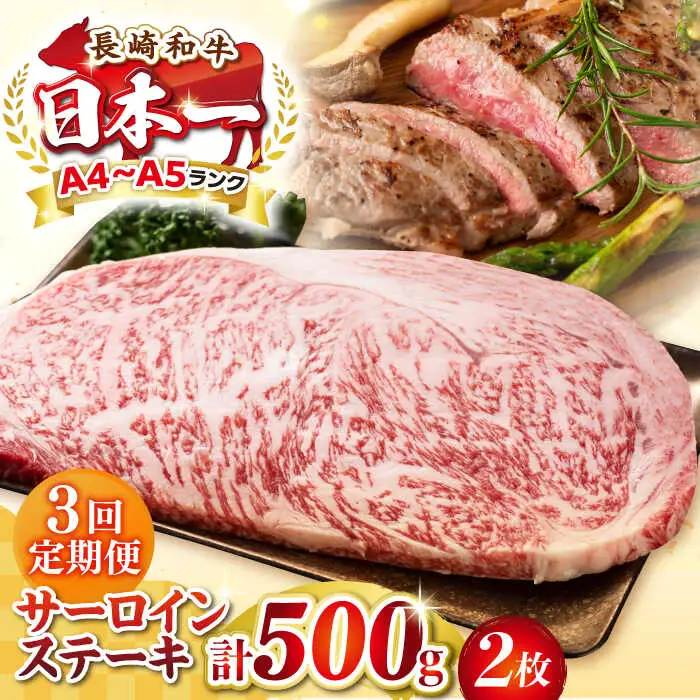 【全3回定期便】【A4～A5ランク】長崎和牛 サーロインステーキ 500g（250g×2枚）《壱岐市》【株式会社MEAT PLUS】 肉 牛肉 黒毛和牛 サーロイン ステーキ ご褒美 ギフト 贈答用 ご褒美 冷凍配送 A4 A5 [JGH128]