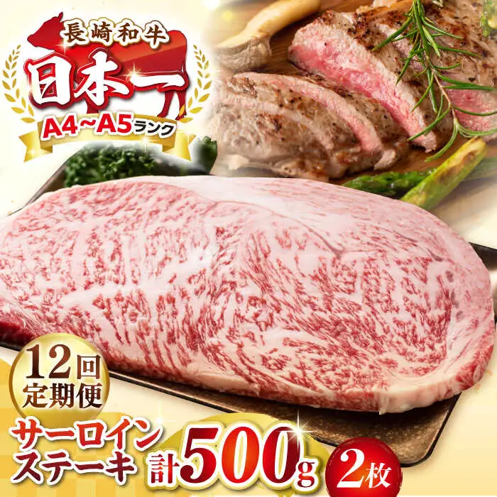 【全12回定期便】【A4～A5ランク】長崎和牛 サーロインステーキ 500g（250g×2枚）《壱岐市》【株式会社MEAT PLUS】 肉 牛肉 黒毛和牛 サーロイン ステーキ ご褒美 ギフト 贈答用 ご褒美 冷凍配送 A4 A5 [JGH130]
