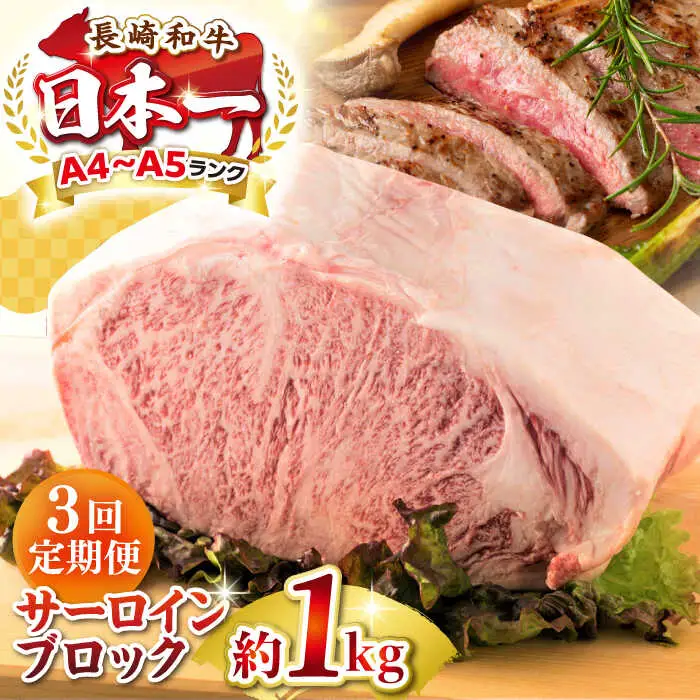 【全3回定期便】【A4～A5ランク】長崎和牛 サーロインブロック　約1kg《壱岐市》【株式会社MEAT PLUS】 肉 牛肉 黒毛和牛 サーロイン ステーキ ブロック ご褒美 ギフト 贈答用 ご褒美 冷凍配送 A4 A5 [JGH136]
