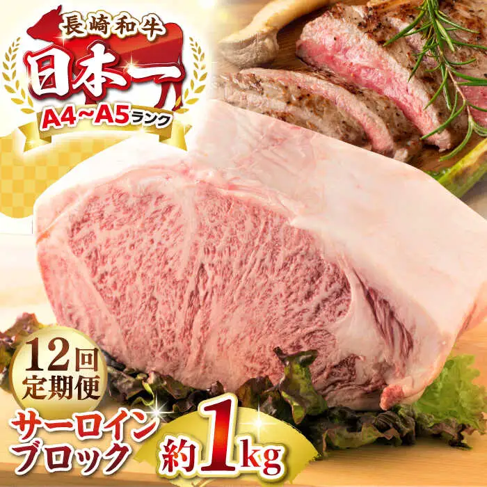 【全12回定期便】【A4～A5ランク】長崎和牛 サーロインブロック　約1kg《壱岐市》【株式会社MEAT PLUS】 肉 牛肉 黒毛和牛 サーロイン ステーキ ブロック ご褒美 ギフト 贈答用 ご褒美 冷凍配送 A4 A5 [JGH138]